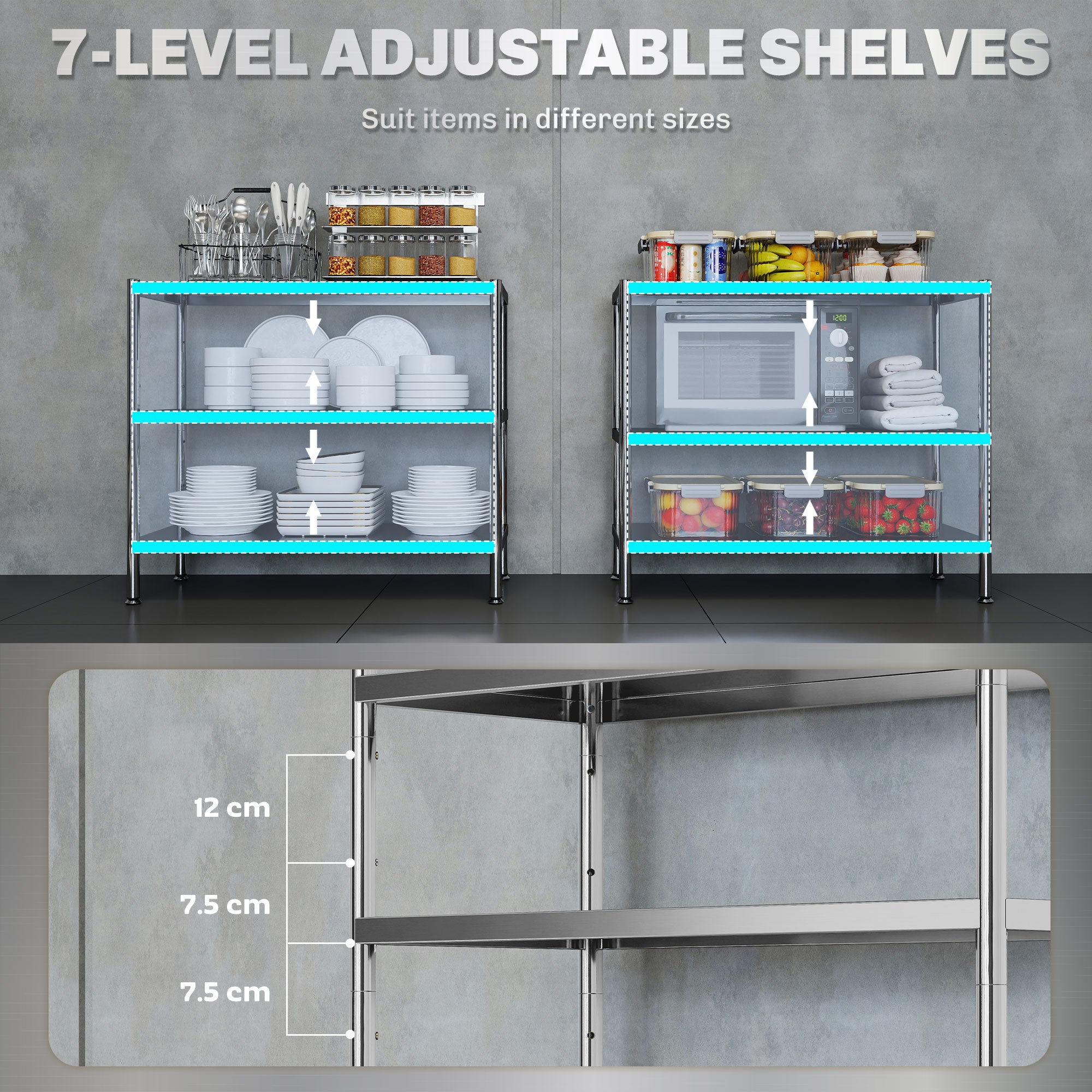 HOMCOM 3-Tier Bakers Rack with Storage, Stainless Steel Microwave Stand with Adjustable Shelves for Small Spaces, Kitchen Storage Unit for Spices, Pots and Pans, Silver Tone 