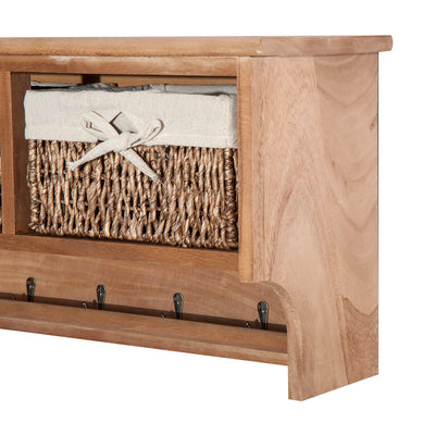 HOMCOM Entryway Coat Rack Wall Mounted Shelf w/ 2 Corn Husk Baskets and Hooks, Brown 