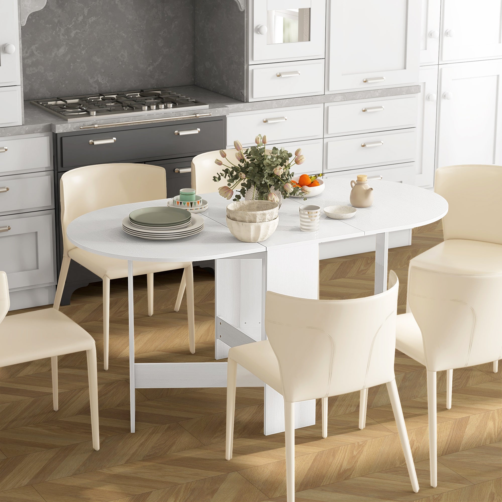 HOMCOM Folding Dining Table, Drop Leaf Table for Small Spaces, Oval Tabletop for Dining Room, Ash Wood-Effect 