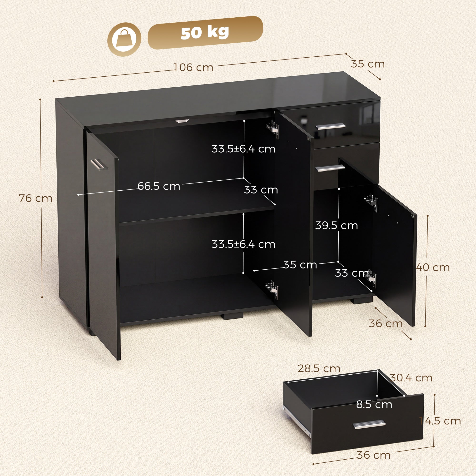 HOMCOM Sideboard, Modern Storage Cabinet with 2 Drawers, 3 Doors and Adjustable Shelves, High Gloss Black 