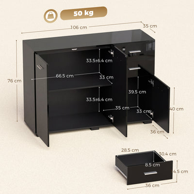 HOMCOM Sideboard, Modern Storage Cabinet with 2 Drawers, 3 Doors and Adjustable Shelves, High Gloss Black 