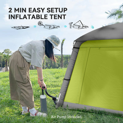 Outsunny Inflatable Camping Tent w/ Hand Pump, Easy Setup 1/2 Person Blow Up Tent Waterproof 190T Taffeta w/ Mesh Windows, Doors and Carry Bag, Green 