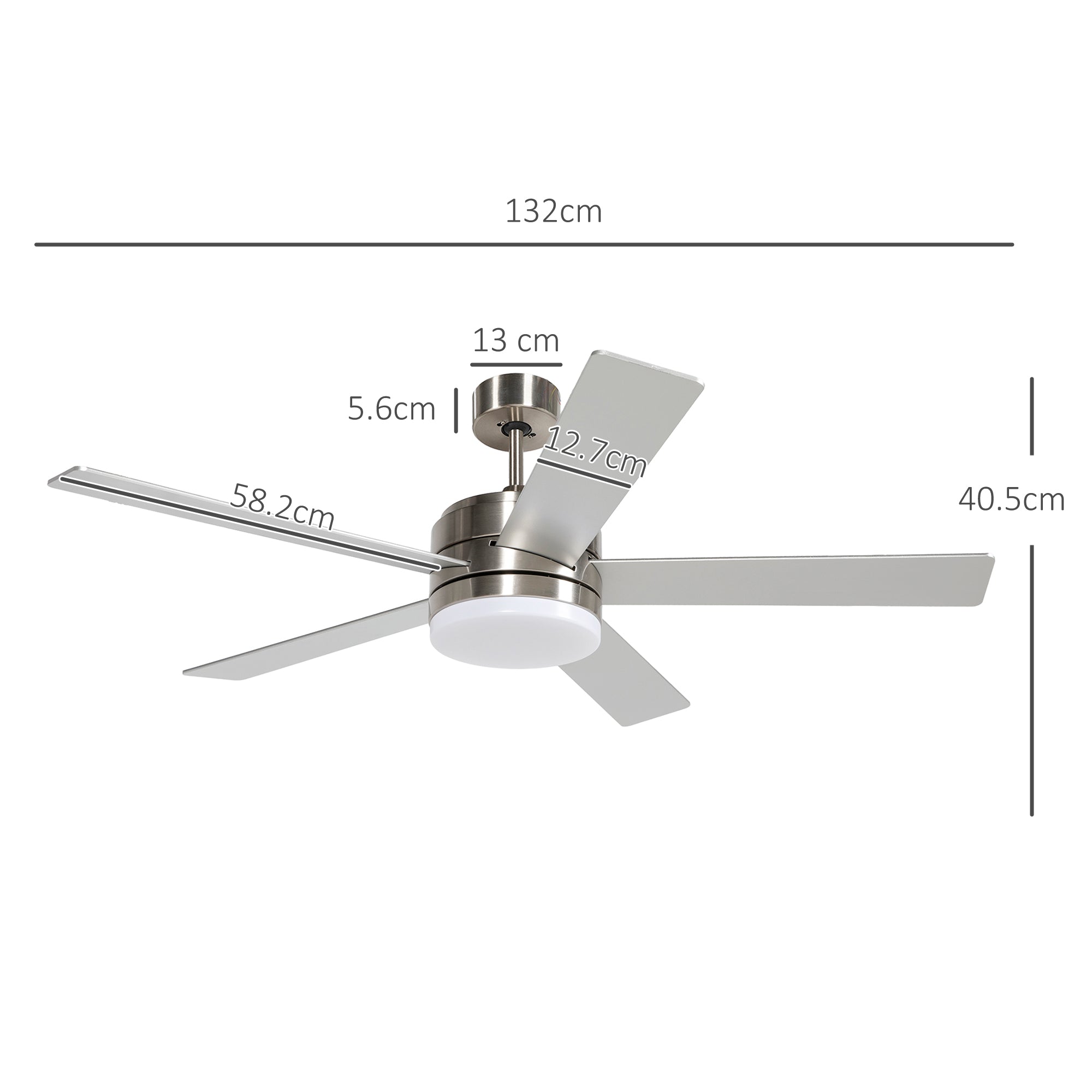 HOMCOM 52" Ceiling Fans with Light and Remote, 132CM LED Ceiling Fan with 5 Blades, 5-Speed, Timer, Quiet Reversible DC Motor, for Bedroom, Living Room, Silver and Beech Wood-effect 