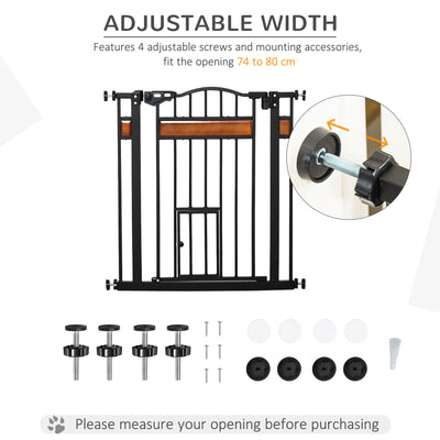 PawHut Pet Gate Safety Gate, with Cat Flap, Auto Close, for Staircases, Doorways, Hallways, 74-80cm Wide - Black 