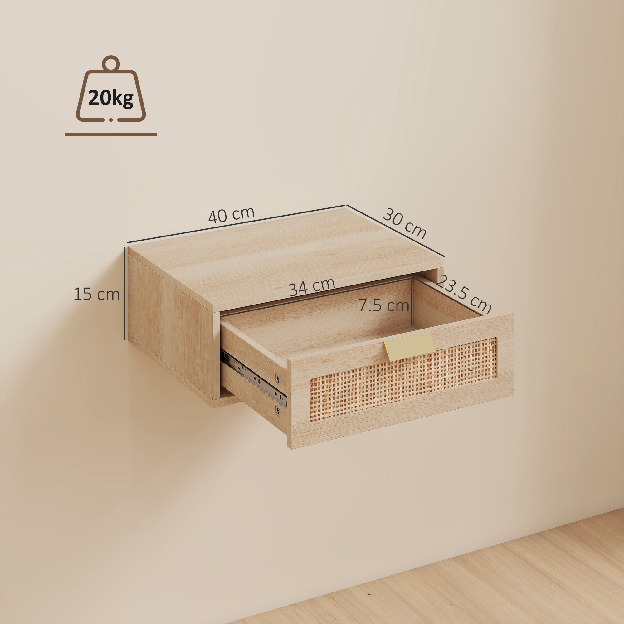 HOMCOM Floating Bedside Tables Set of 2, Wall Mounted Bedside Cabinets with Rattan Drawer and Wood Effect, Oak 