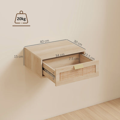 HOMCOM Floating Bedside Tables Set of 2, Wall Mounted Bedside Cabinets with Rattan Drawer and Wood Effect, Oak 