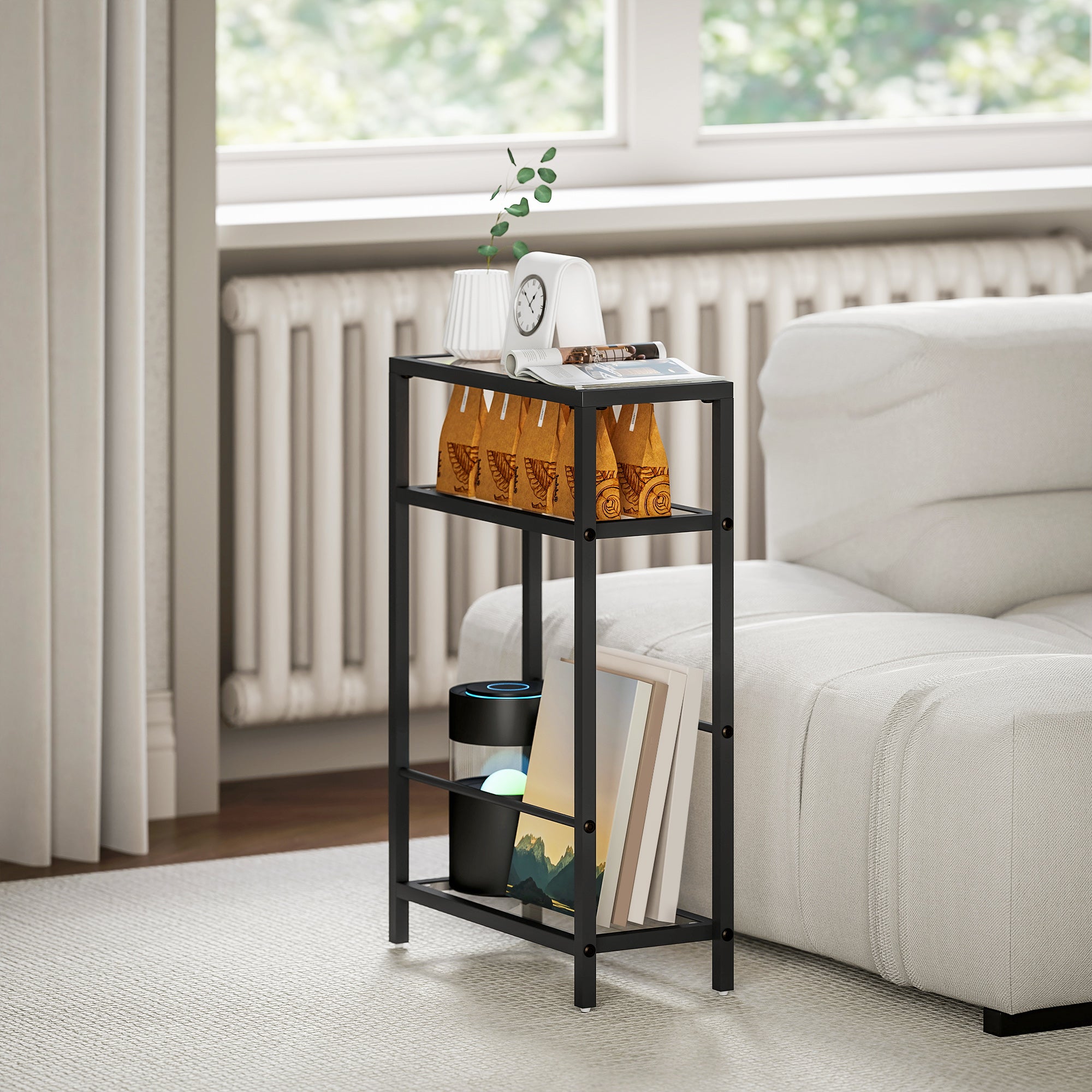 HOMCOM 3-Tier Side Table, Narrow End Table with Storage Shelf and Tempered Glass Tabletop for Small Spaces, Black 