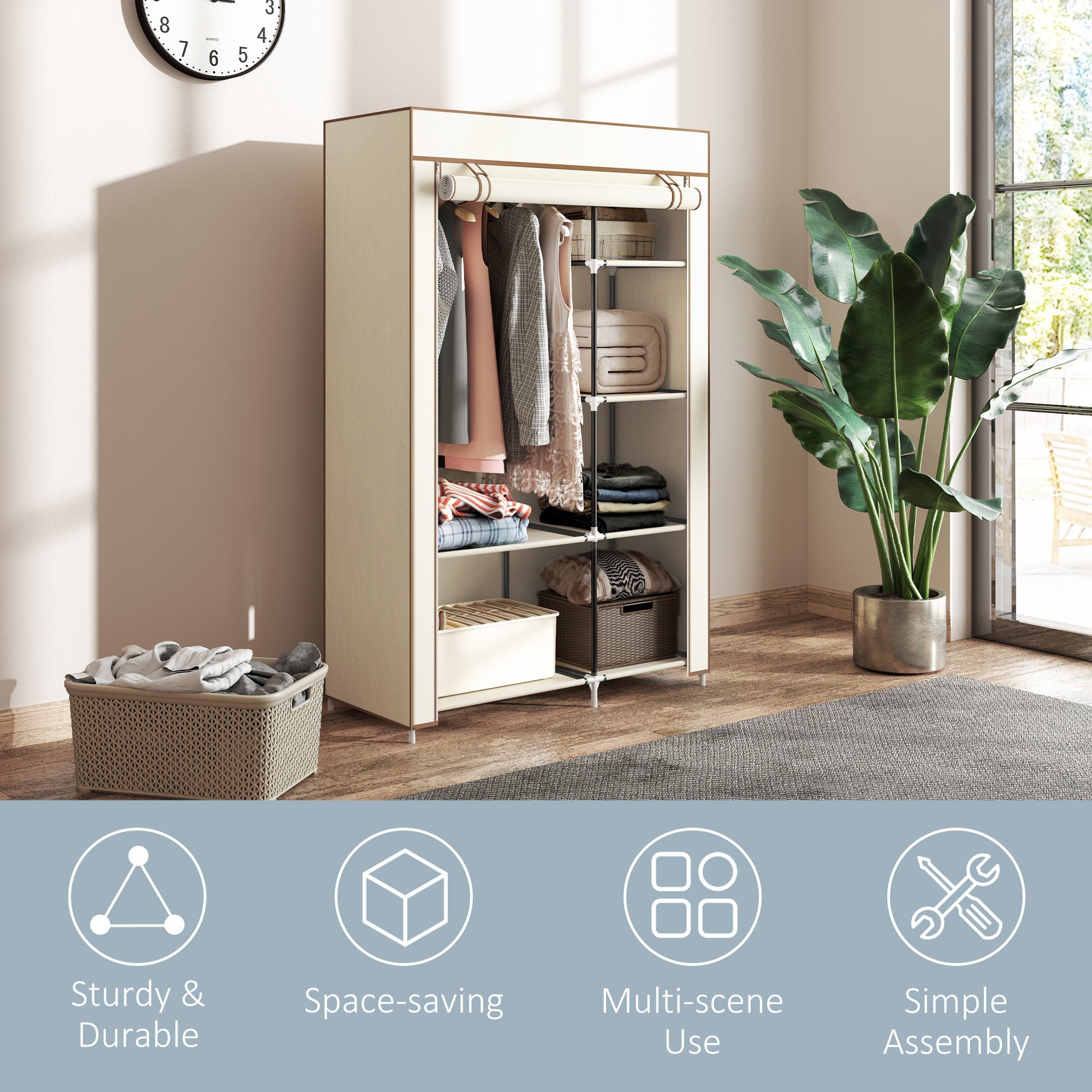 HOMCOM Fabric Wardrobe, Portable Wardrobe with 6 Shelves, 1 Hanging Rail, Foldable Closets, 103 x 43 x 162.5 cm, Cream White 