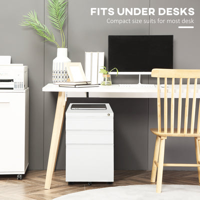 Vinsetto 3 Drawer Filling Cabinet, Mobile Metal File Cabinet with Anti-tilt Design for Letter, A4, Legal Size, White 