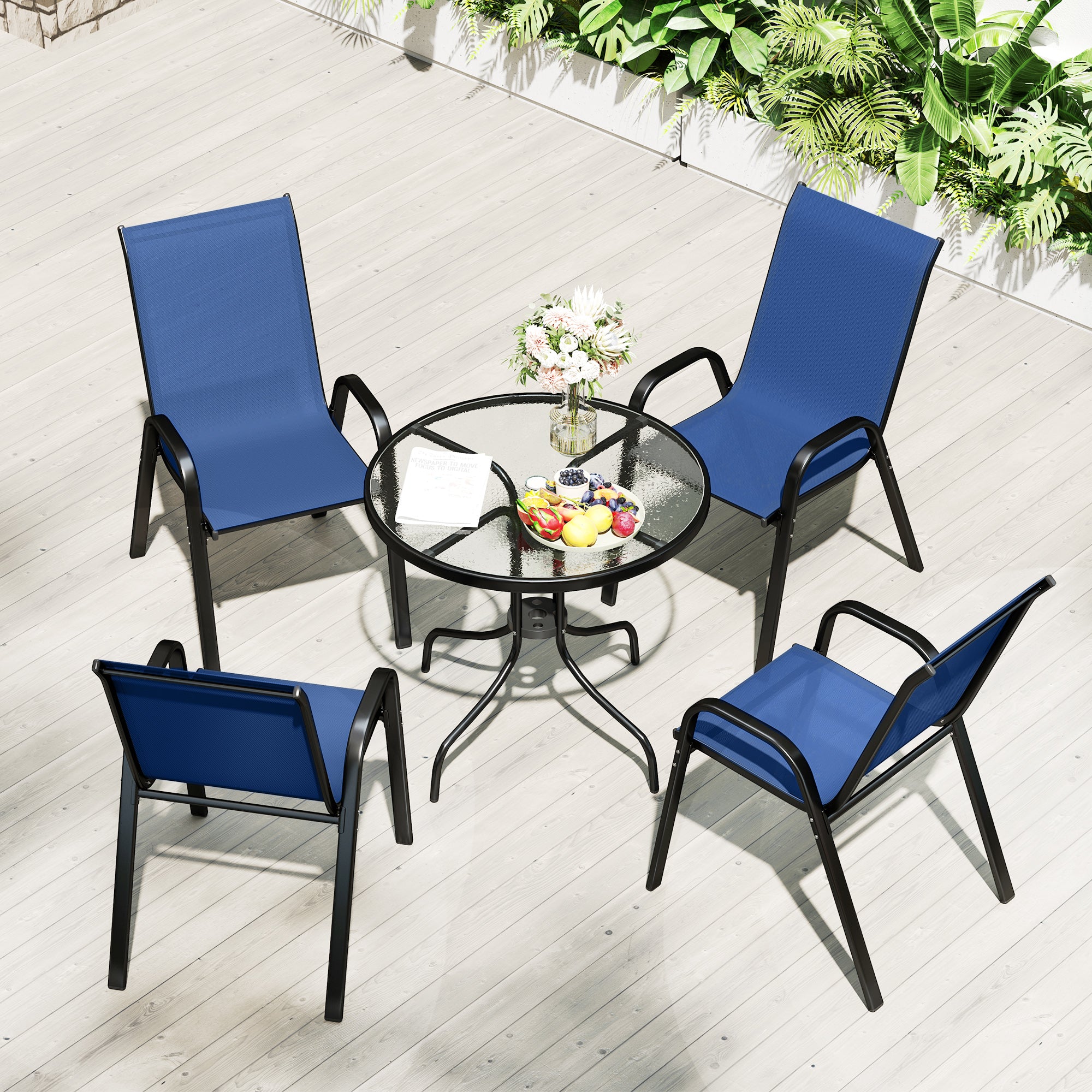Outsunny Five-Piece Steel Patio Set, with Glass-Top Table - Dark Blue 