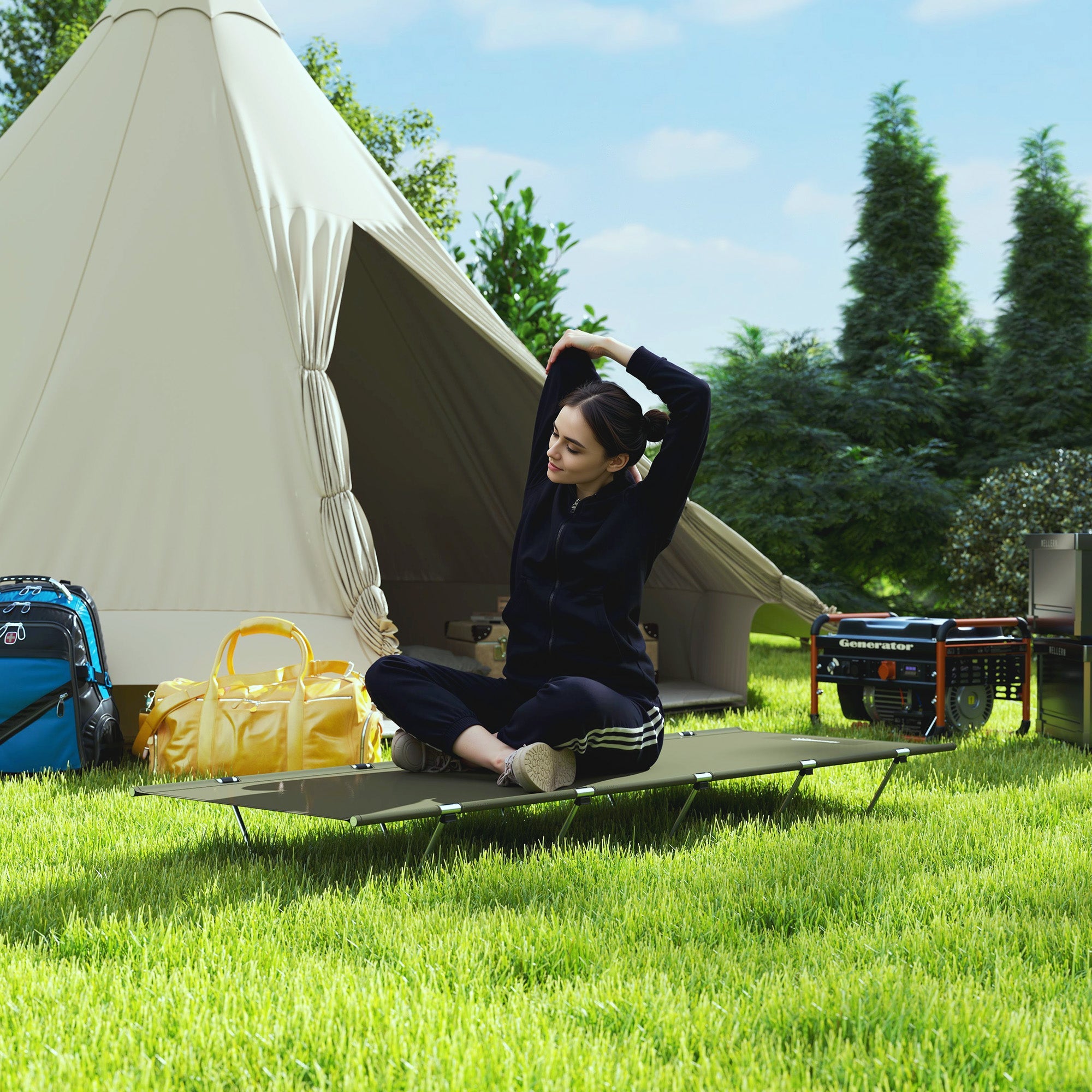 Outsunny Lightweight Camping Bed, Aluminium Portable Camp Cot w/ Strong Support 150kg and Carry Bag for Camping, Dark Green 