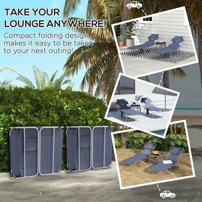 Outsunny Foldable Sun Lounger Set of 2 with Reading Hole, Portable Sun Lounger with 5 Level Adjustable Backrest, Reclining Lounge Chair with Side Pocket, Headrest Pillow, Grey 