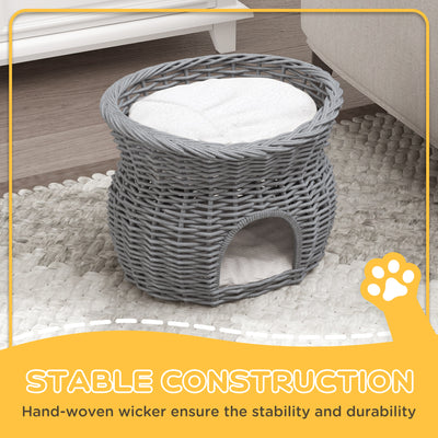 PawHut 2-Tier Wicker Cat House Elevated Pet Bed Basket Willow Kitten Tower Pet Den. with Washable Cushions 56x37x40cm Grey 