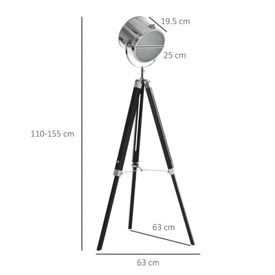 HOMCOM Industrial Style Adjustable Tripod Floor Lamp, Searchlight Lamp with Wooden Legs and Steel Lampshade, 110-155cm, Black 