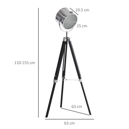 HOMCOM Industrial Style Adjustable Tripod Floor Lamp, Searchlight Lamp with Wooden Legs and Steel Lampshade, 110-155cm, Black 