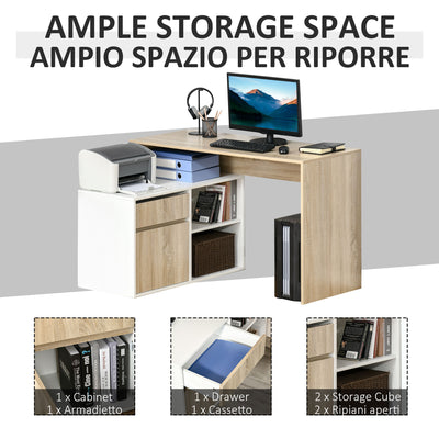 HOMCOM L-Shaped Desk, Corner Computer Desk with Storage Drawer, Adjustable Shelf, Cabinet for Home Office and Study, 120 x 92 x 75cm, Oak and White 