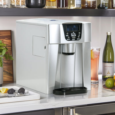 HOMCOM Ice Maker Machine and Water Dispenser, Counter Top Ice Cube Maker for Home with 3L Tank, Adjustable Cube Size, 9 Ice Cubes per 6-10 Minutes, No Plumbing Required, Silver 