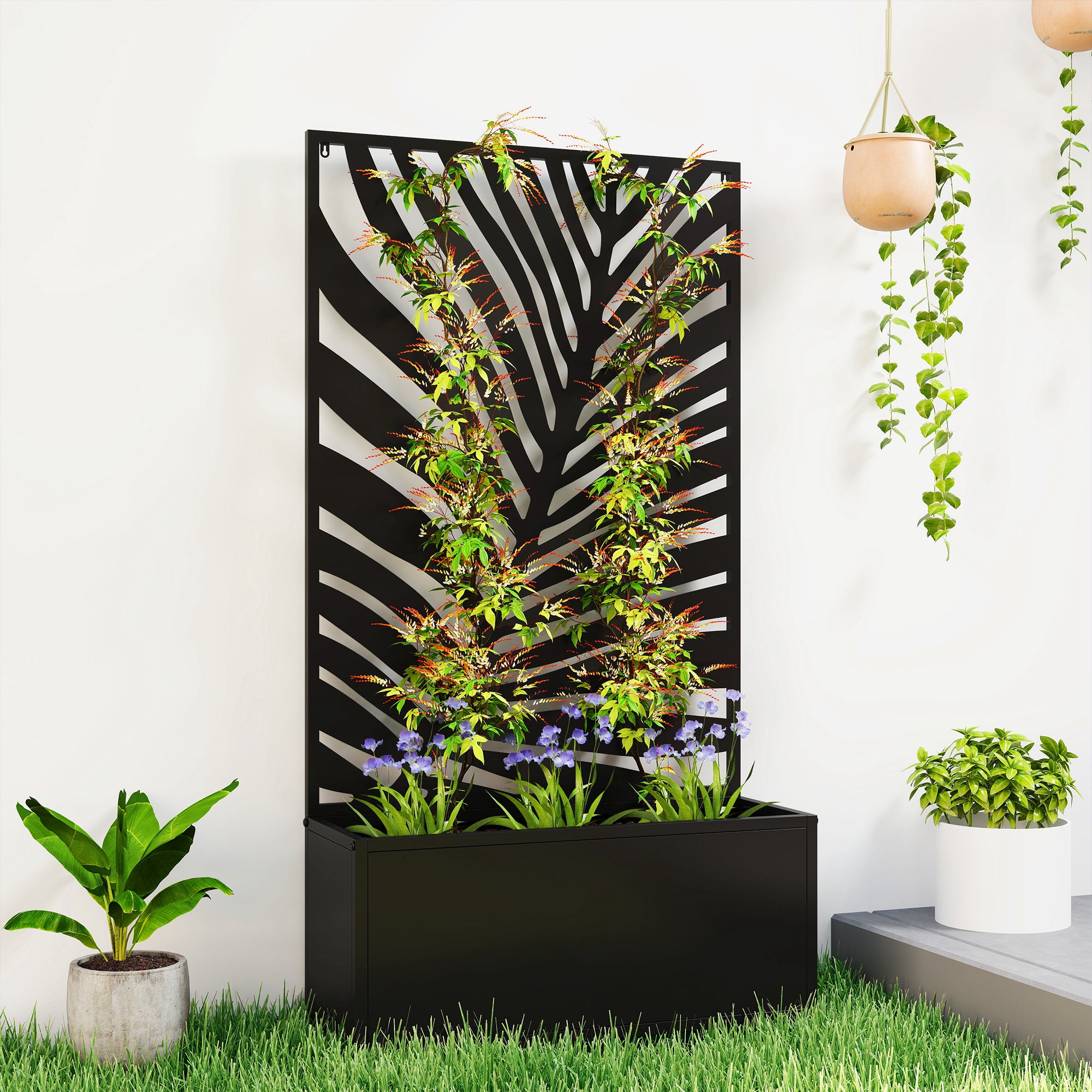 Outsunny Metal Garden Bed for Garden with Trellis, Wall Mounted or Freestanding Raised Planter with Privacy Screen 