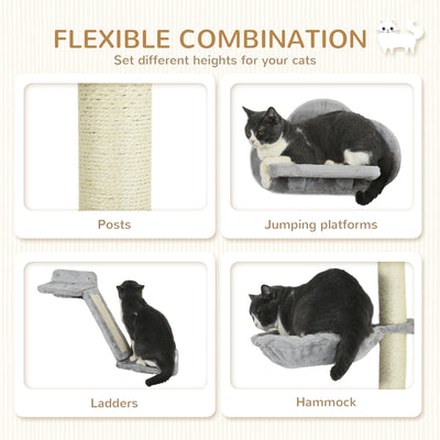 PawHut Three-Piece Wall-Mounted Cat Shelves, with Hammock, Ladder, Platforms, Scratching Post - Grey 