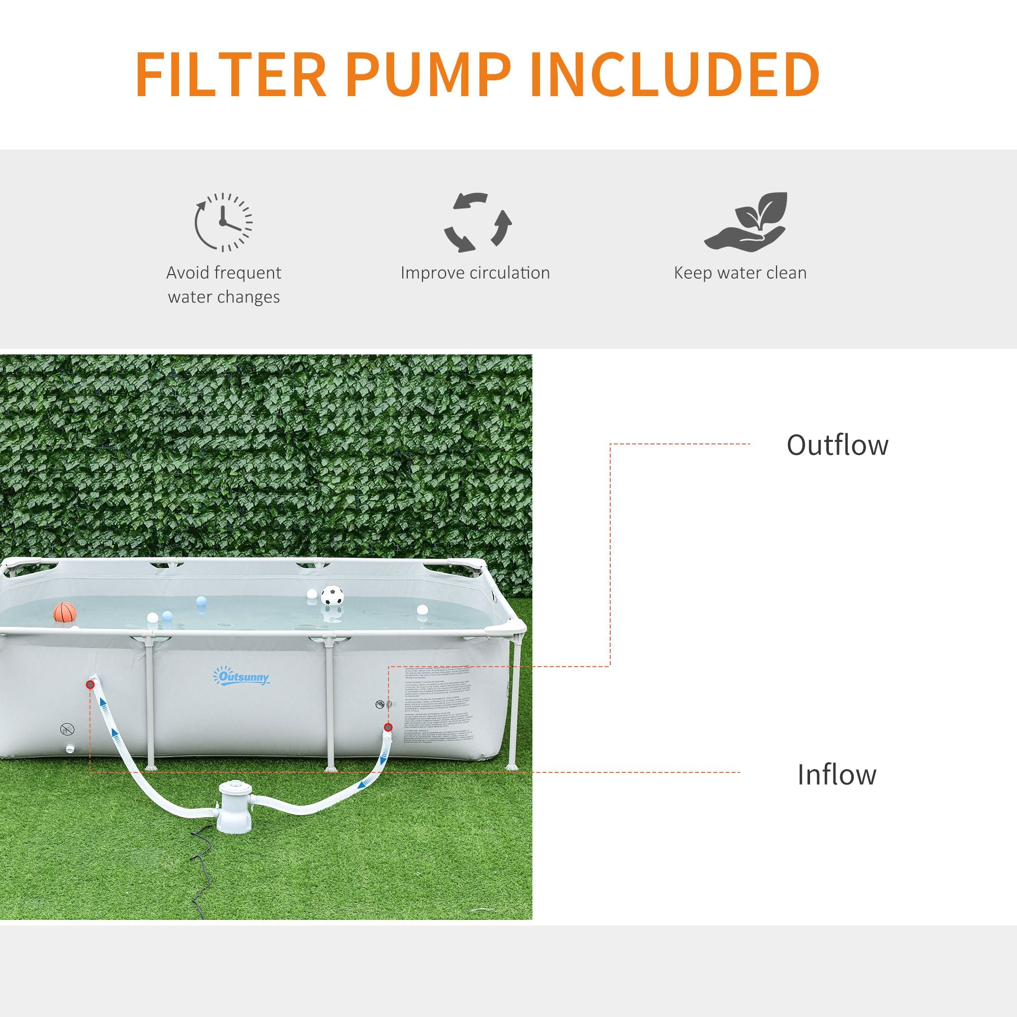 Outsunny Steel Frame Pool with Filter Pump, Filter Cartridge, Reinforced Sidewalls Rust Resistant Above Ground Swimming Pool 252 x 152 x 65cm, Grey 