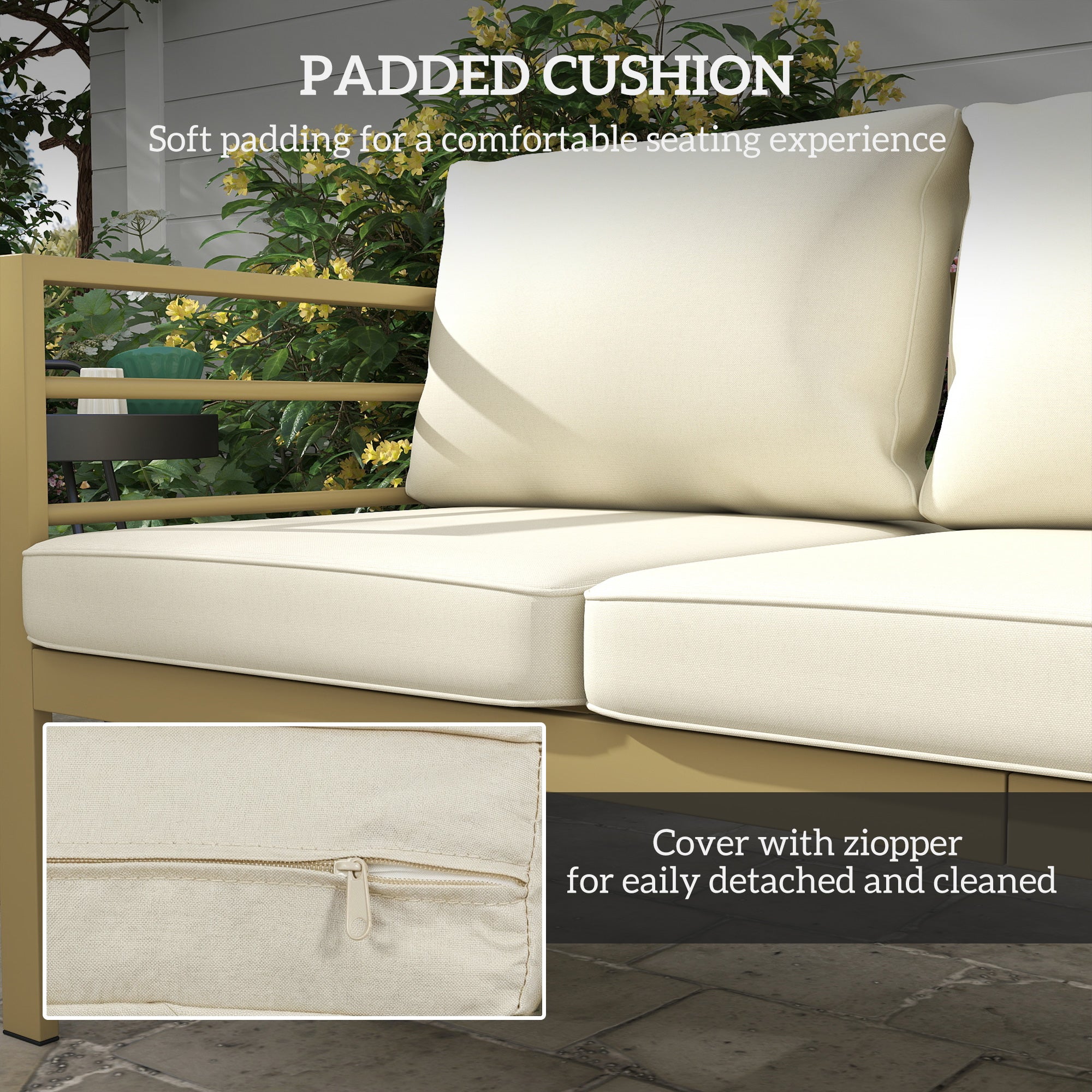 Outsunny Garden Bench with Cushions, 3-Seater Sofa with Backrest, Armrest and Back Cushions, 185 x 66 x 64cm, Cream White 