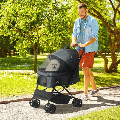 PawHut Pet Stroller Pushchair Foldable Travel Dog Cat Carriage w/ Reversible Handle Brake Basket 