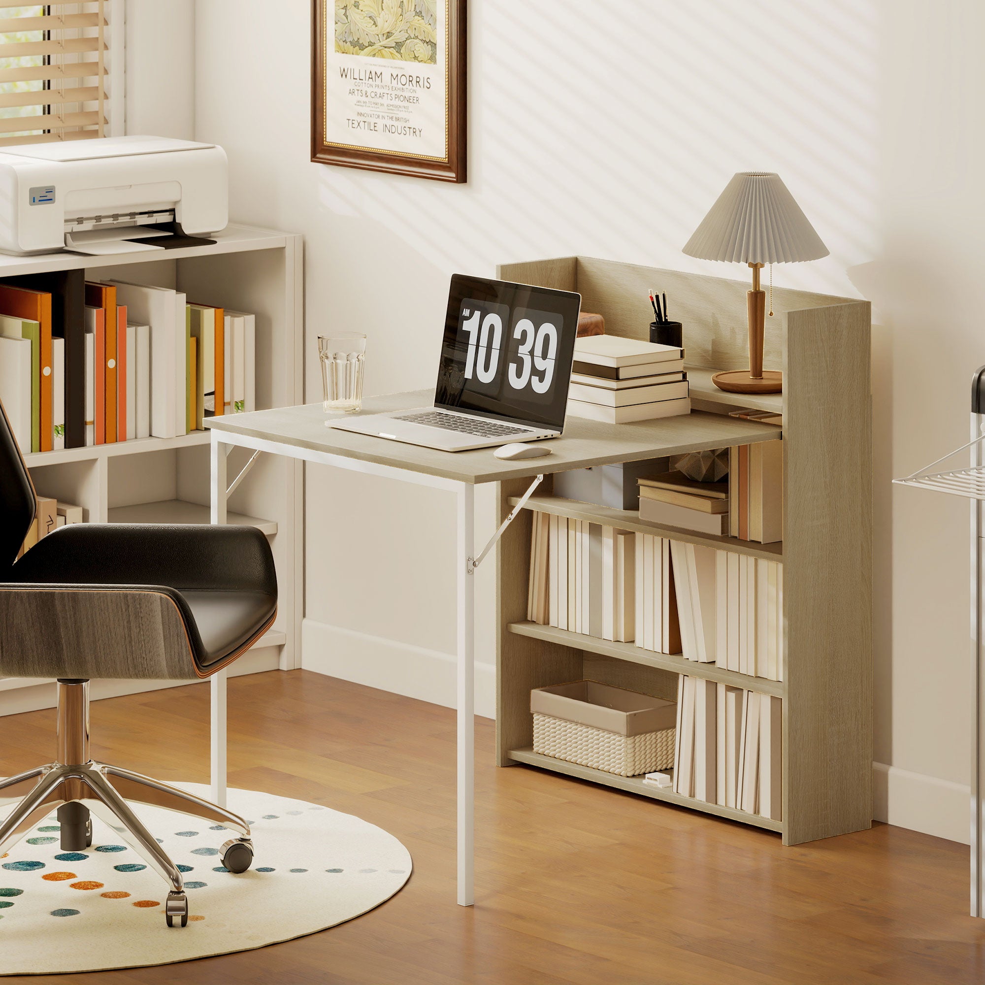 HOMCOM Kitchen Table, Folding Dining Table, with 4-Tier Shelves, Modern Drop-Leaf Table, Oak Wood Effect 