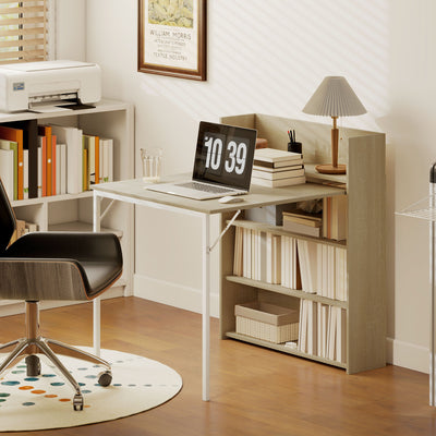 HOMCOM Kitchen Table, Folding Dining Table, with 4-Tier Shelves, Modern Drop-Leaf Table, Oak Wood Effect 