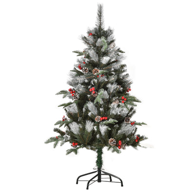 HOMCOM 4FT Artificial Snow Dipped Christmas Tree Xmas Pencil Tree Holiday Home Party Decoration with Foldable Feet Red Berries White Pinecones, Green 