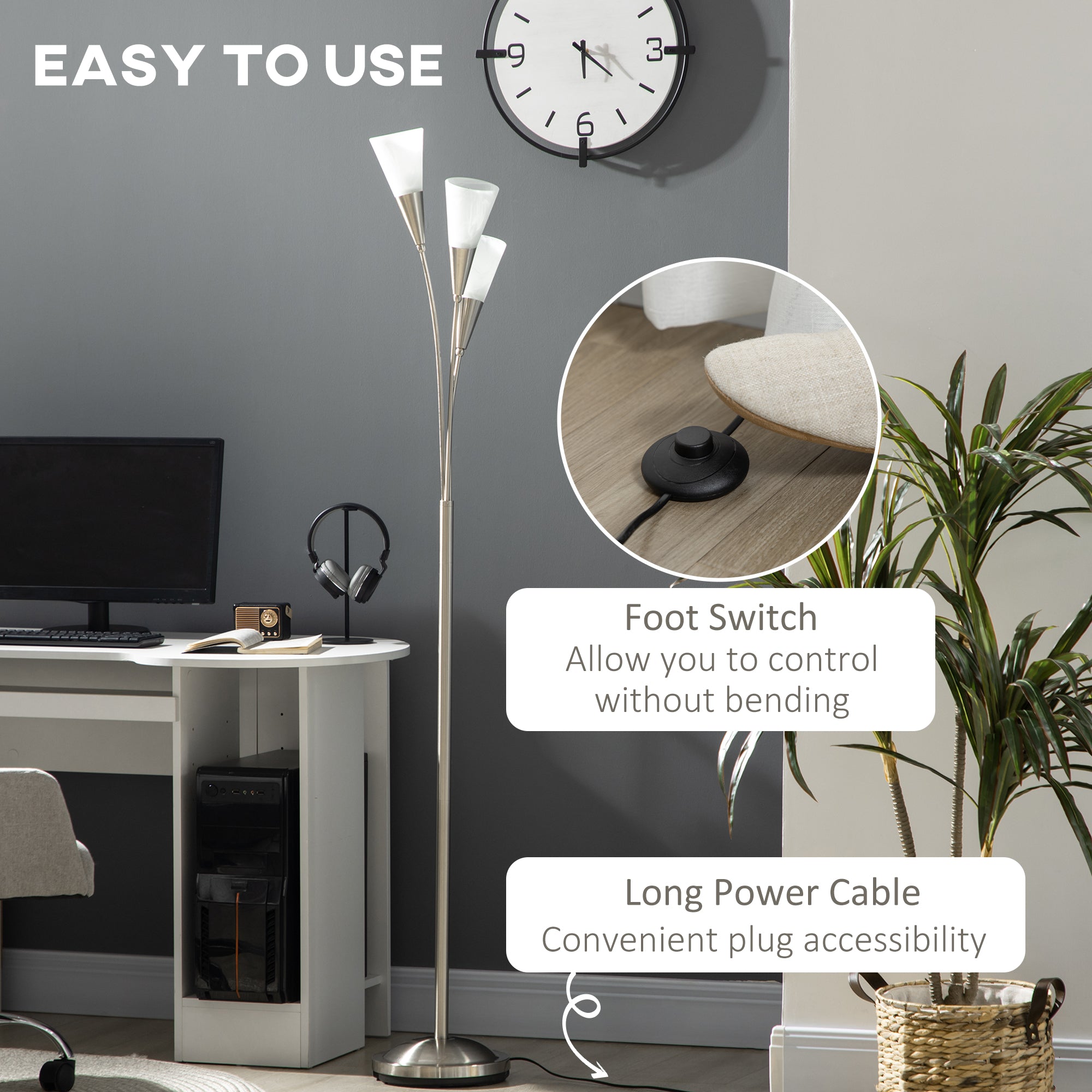 HOMCOM 3-Light Upright Floor Lamps for Living Room, Modern Standing Lamp for Bedroom with Steel Base, Bulb not Included, Silver 