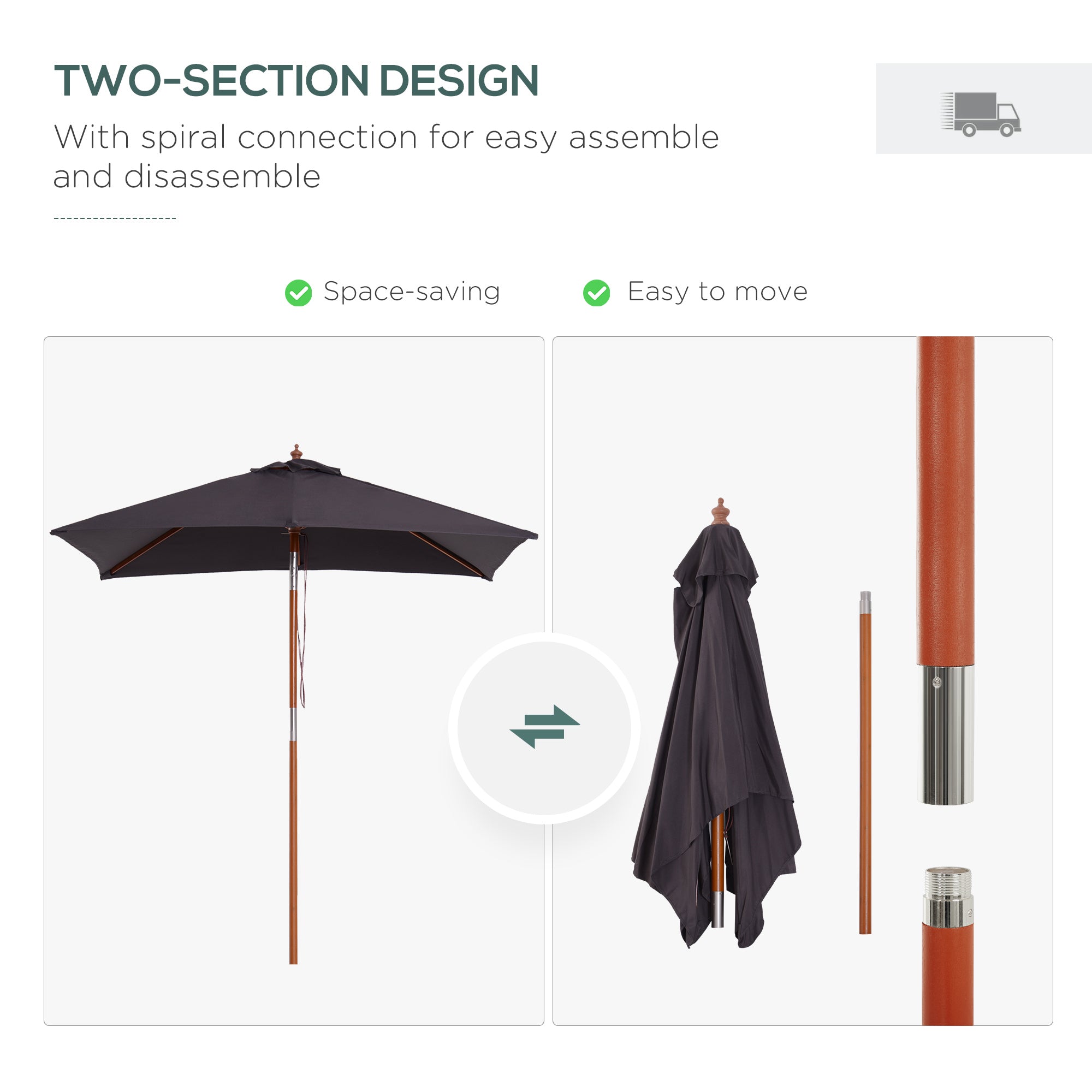 Outsunny 2m x 1.5m Garden Parasol Umbrella with Tilting Sunshade Canopy, Outdoor Market Table Umbrella with Wood and Bamboo Frame, Grey 