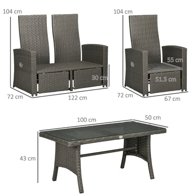 Outsunny 4 Piece Rattan Garden Furniture Set Outdoor Sofa Sectional Set with Glass Top Table for Poolside, Grey 