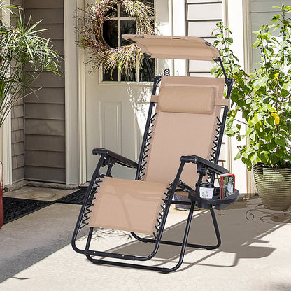 Outsunny Foldable Reclining Garden Chair with Headrest, Zero Gravity Deck Sun Lounger Seat Chair with Footrest, Armrest, Cup Holder & Canopy Shade, Beige 