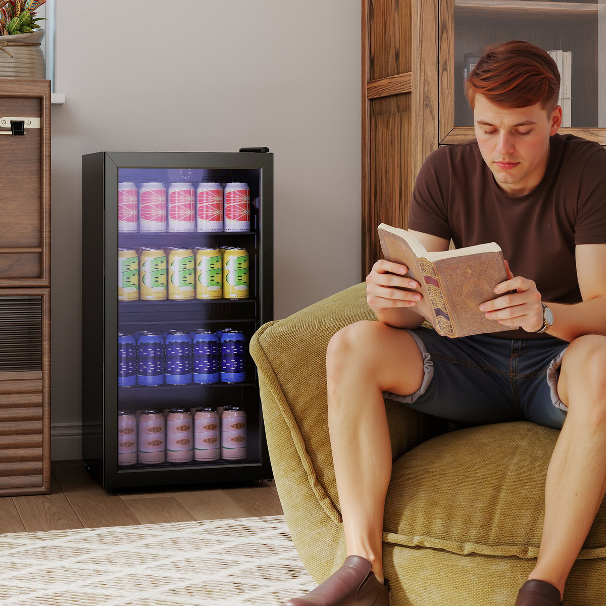 HOMCOM 93L Drinks Fridge, 115 Can Freestanding Beer Fridge with Glass Door, Adjustable Shelves, LED Light, for Beer Soda, Black 