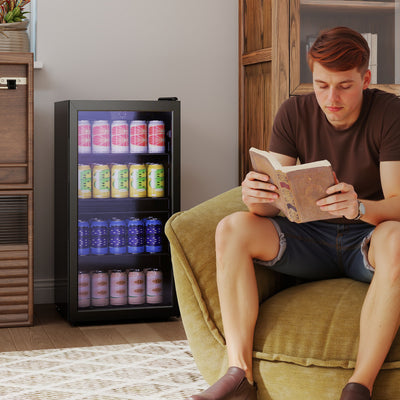 HOMCOM 93L Drinks Fridge, 115 Can Freestanding Beer Fridge with Glass Door, Adjustable Shelves, LED Light, for Beer Soda, Black 