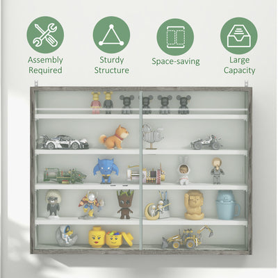 HOMCOM 5-Tier Wall Display Shelf Unit Cabinet w/ 4 Adjustable Shelves Glass Doors Home Office Ornaments 60x80cm Grey Wood Grain 