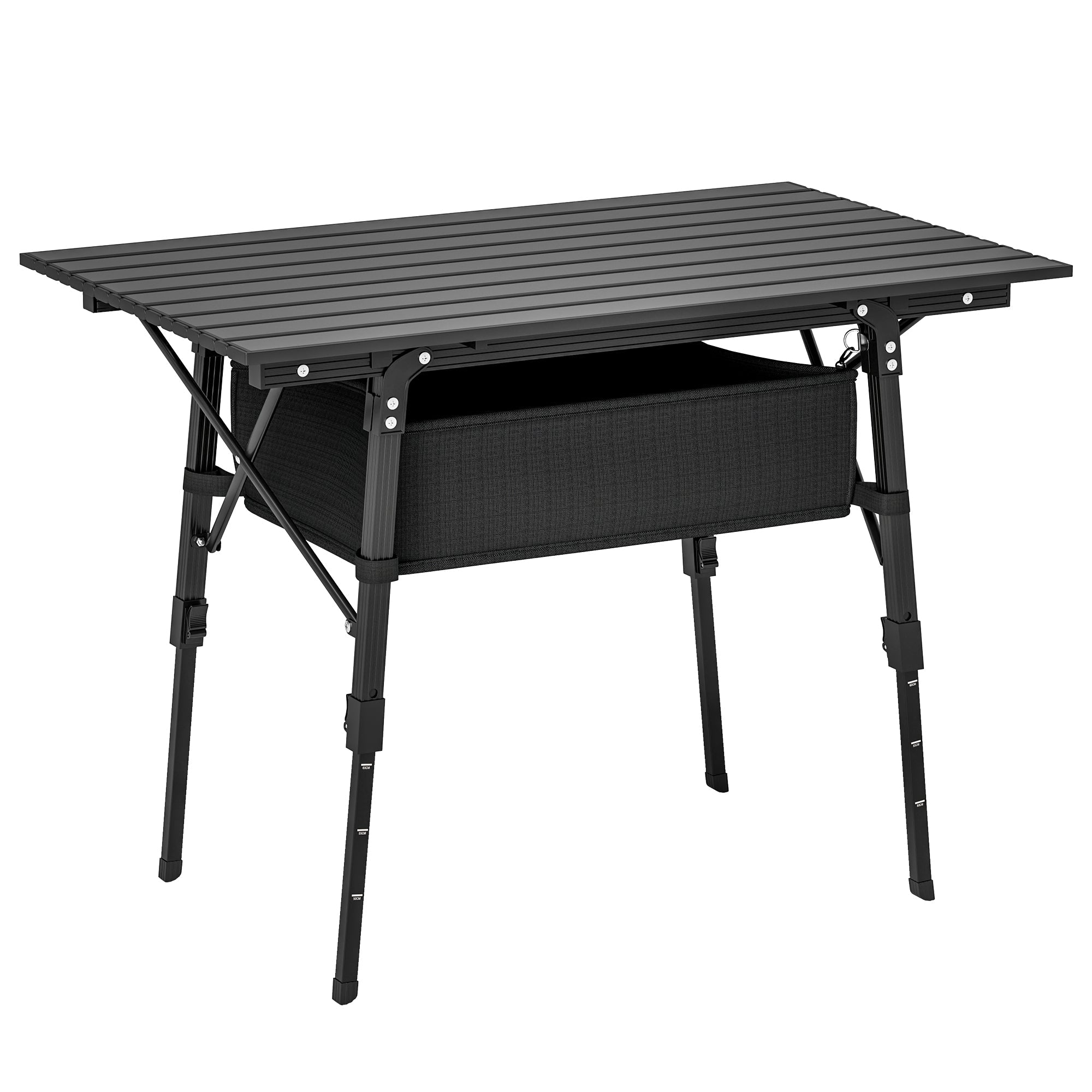 Outsunny Folding Camping Table, 90 x 55 cm Height Adjustable Portable Collapsible Table, 3ft Lightweight Aluminium Rollup Picnic Table with Storage Basket for Outdoor Garden Party BBQ, Black 