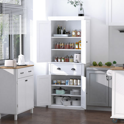 HOMCOM Freestanding Kitchen Cupboard, 184cm Tall Storage Cabinet with Doors and Shelves, Traditional Colonial 4-Door Kitchen Pantry Cupboard with Drawer, White 