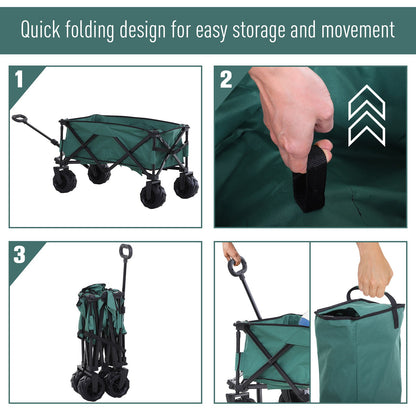 Outsunny 140L Folding Garden Trolley Cart, Festival Trolley on Wheels with Telescopic Handle, Big Wheels for Outdoor Camping Beach, Green 