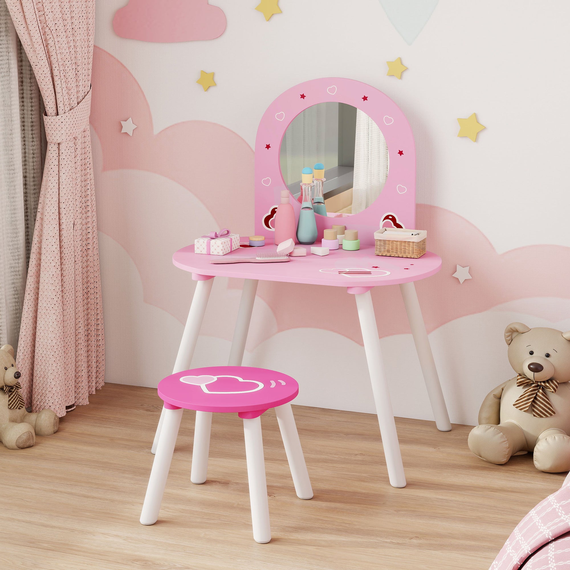 AIYAPLAY Kids Dressing Table with Mirror and Stool, Girls Vanity Set for Kids Room, Bedroom, Nursery, for Ages 3–6 Years, Pink 