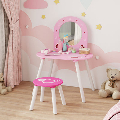 AIYAPLAY Kids Dressing Table with Mirror and Stool, Girls Vanity Set for Kids Room, Bedroom, Nursery, for Ages 3–6 Years, Pink 