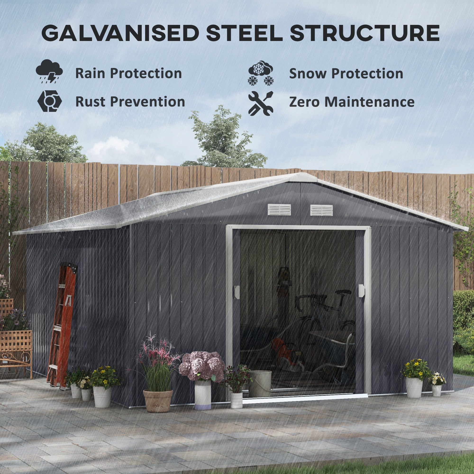Outsunny 13 x 11ft Metal Garden Shed, Outdoor Storage Tool House with Ventilation Slots, Foundation Kit and Lockable Double Doors, Grey 