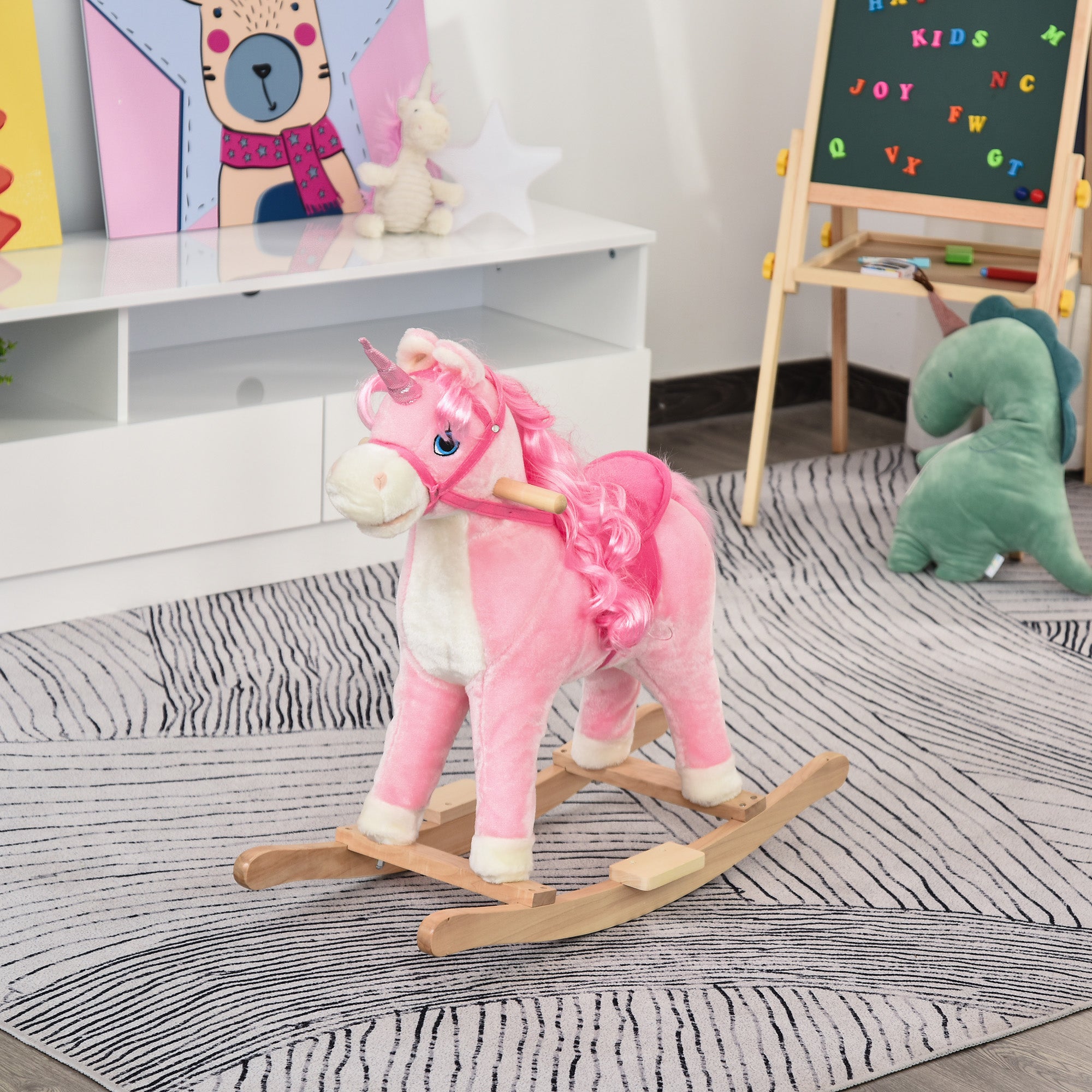 HOMCOM Kids Plush Rocking Horse Ride On Unicorn w/ Sound Moving Mouth Wagging Tail Children Rocker Toy Gift 3-6 Years Pink 