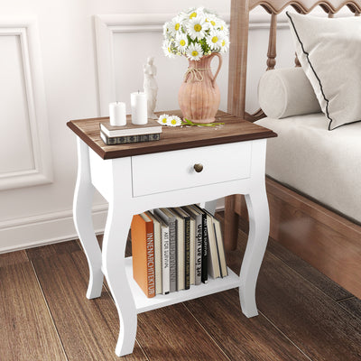 HOMCOM 2pcs Bedside Tables with Drawer, French Style Bedside Cabinets with Open Shelf for Bedroom, Living Room, White 