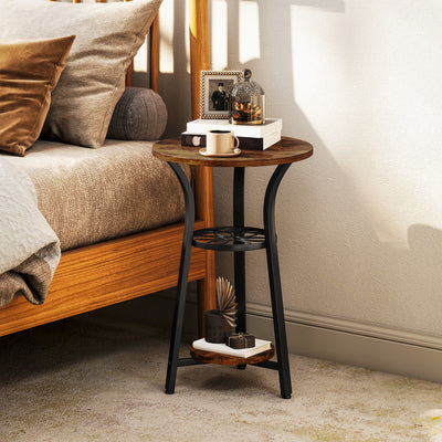HOMCOM Small Round Side Table with 3 Storage Shelves - Rustic Brown 