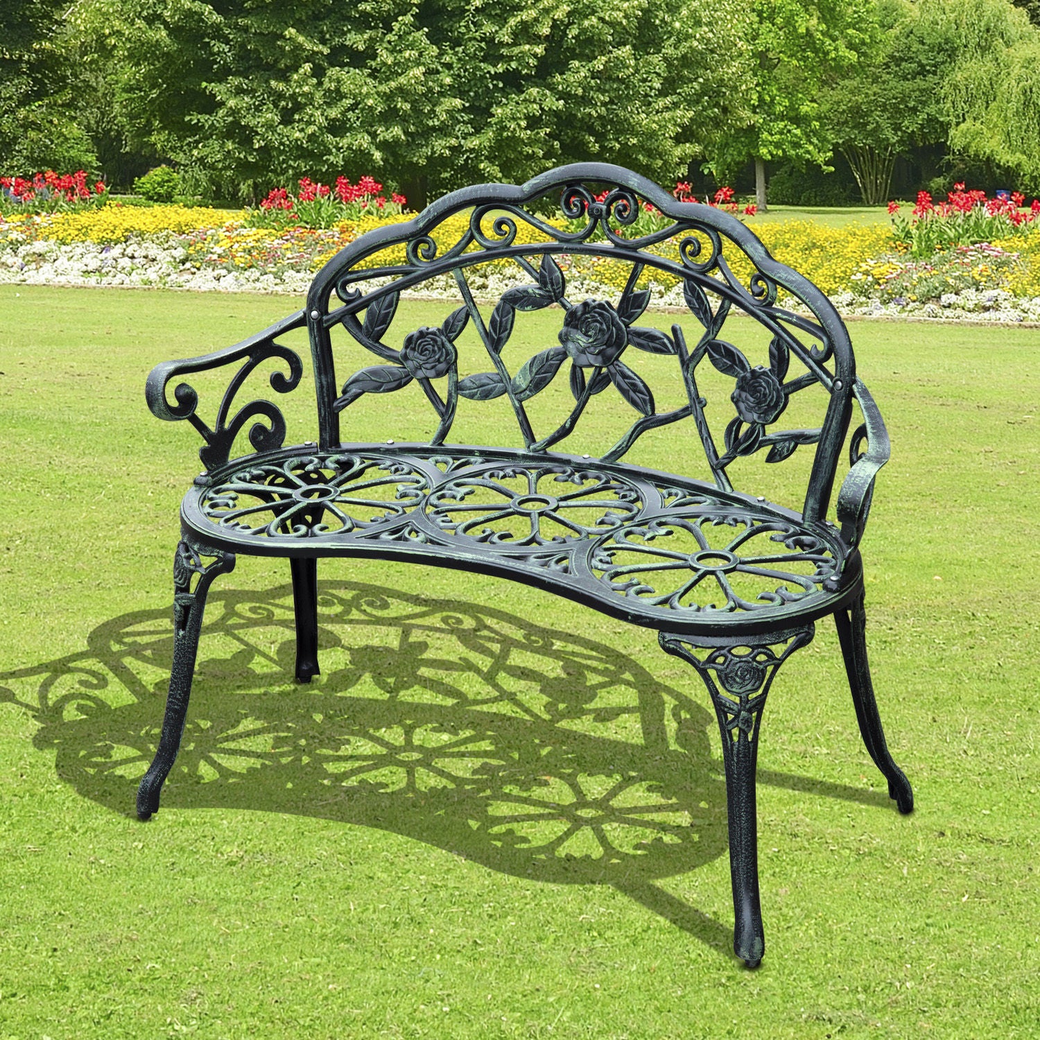 Outsunny Cast Aluminum Garden Bench-Antique Green 