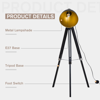 HOMCOM Tripod Floor Lamp, Spotlight Reading Lamp w/ Adjustable Height, Angle, Wood Legs for Living Room, Bedroom, Home, Office, Black and Gold 
