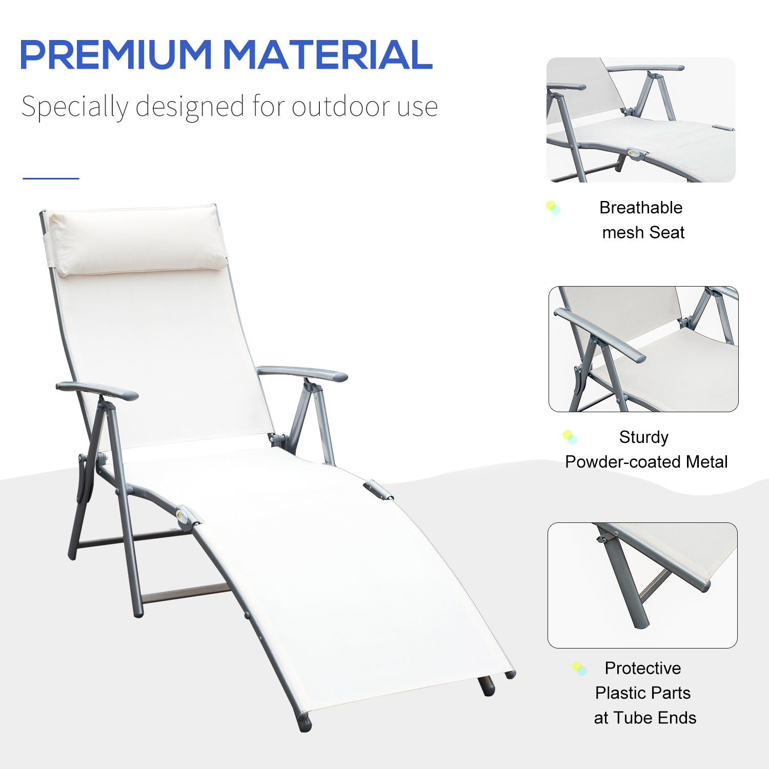 Outsunny Sun Lounger Steel Frame Outdoor Folding Chaise Texteline Lounge Chair Recliner with Headrest & 7 Levels Adjustable Backrest, Cream White 