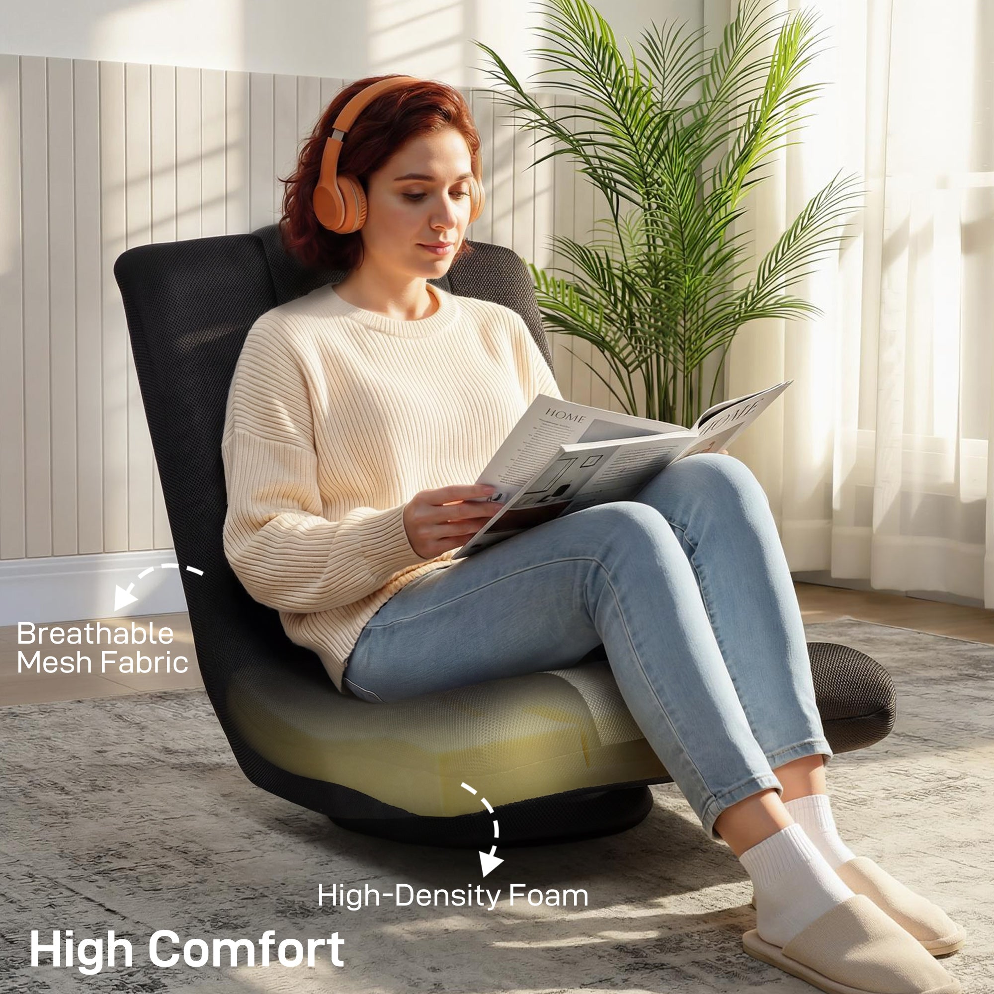 HOMCOM Floor Chair, Folding Floor Sofa with Adjustable Backrest, Wide Seat, Swivel Base, Black 