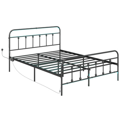HOMCOM King Bed Frame with LED Lights and Charging Station, Metal Platform Bed Frame with Under Bed Storage, Black 